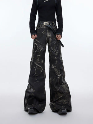 Distressed Black PU Flare Pants with Panelled Design - main image 1