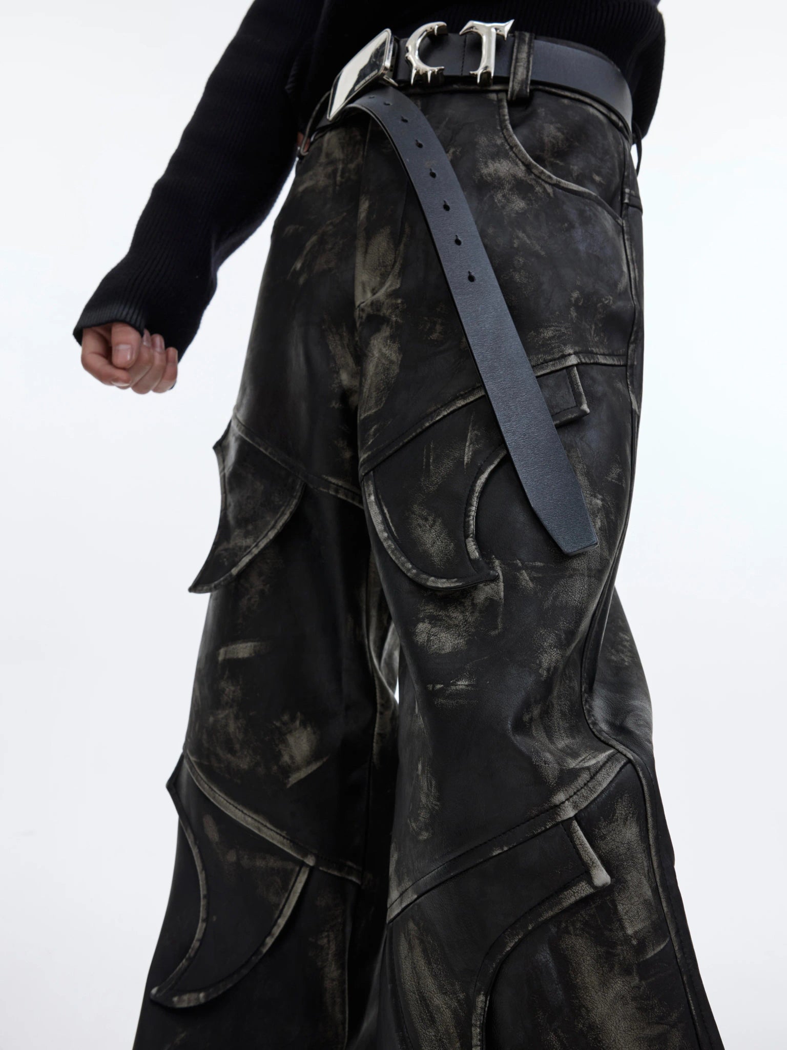 Distressed Black PU Flare Pants with Panelled Design - main image 2