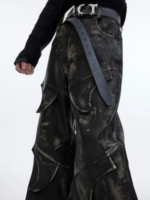 Distressed Black PU Flare Pants with Panelled Design - main image 2