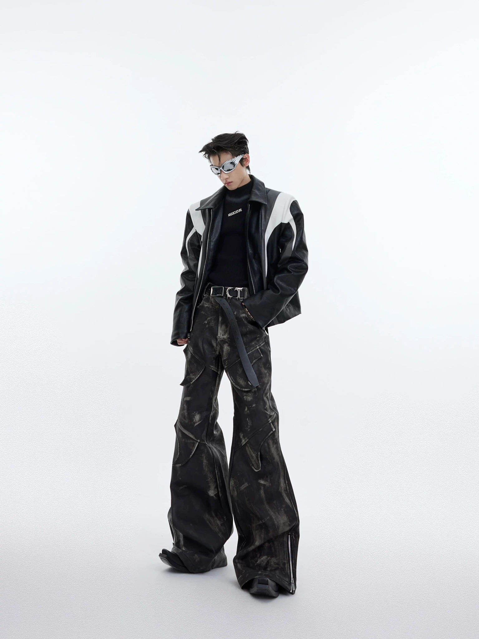 Distressed Black PU Flare Pants with Panelled Design - main image 3