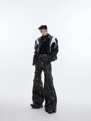 Distressed Black PU Flare Pants with Panelled Design - main image 3