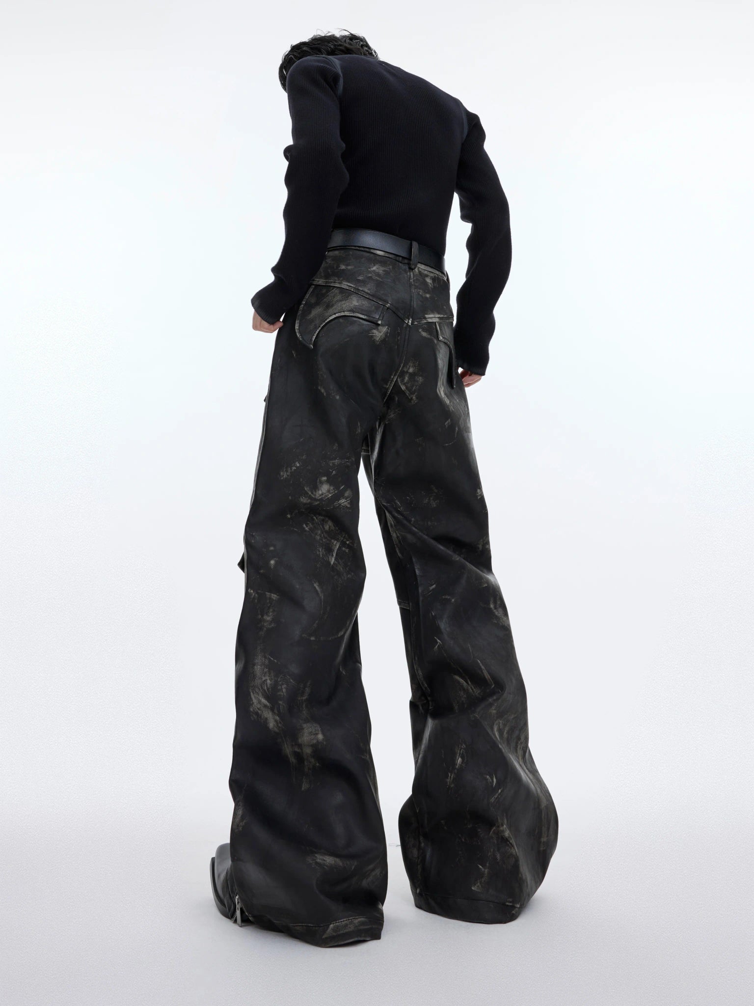 Distressed Black PU Flare Pants with Panelled Design - main image 4