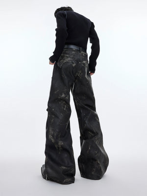Distressed Black PU Flare Pants with Panelled Design - main image 4