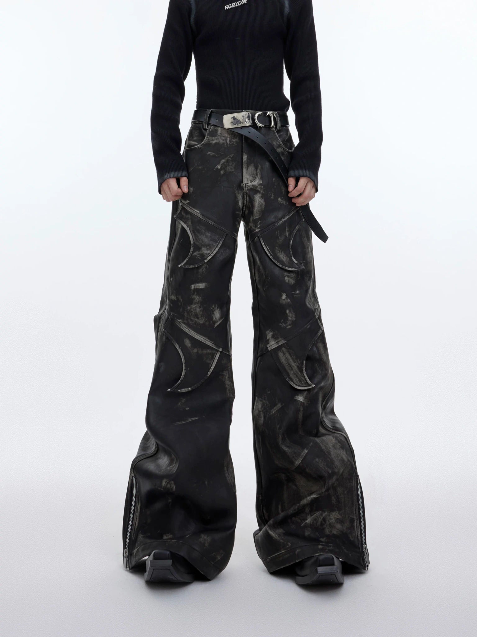 Distressed Black PU Flare Pants with Panelled Design - Black