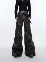 Distressed Black PU Flare Pants with Panelled Design - Black