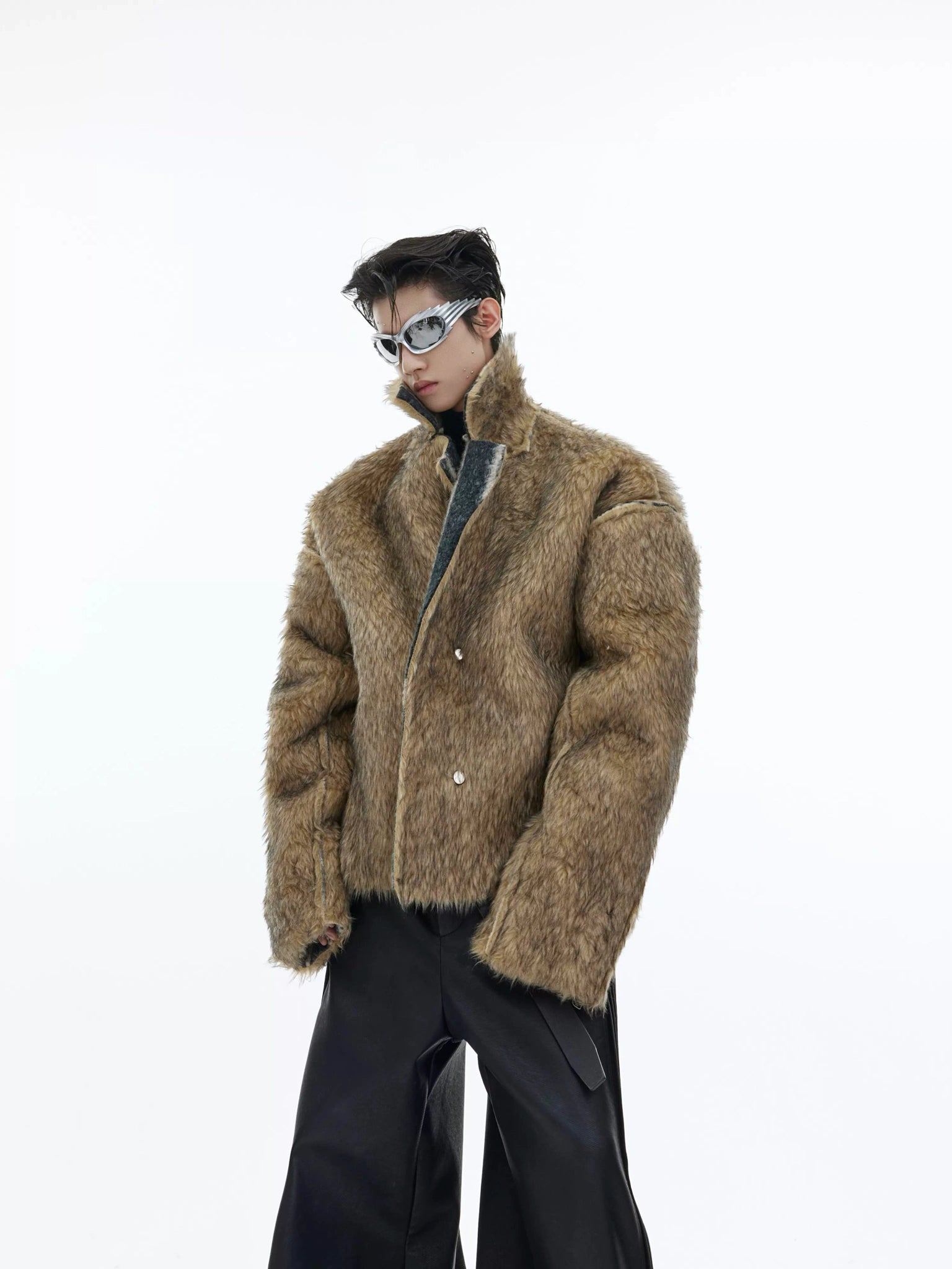 Brown Rabbit-Fur Collar Cropped Jacket - main image 1