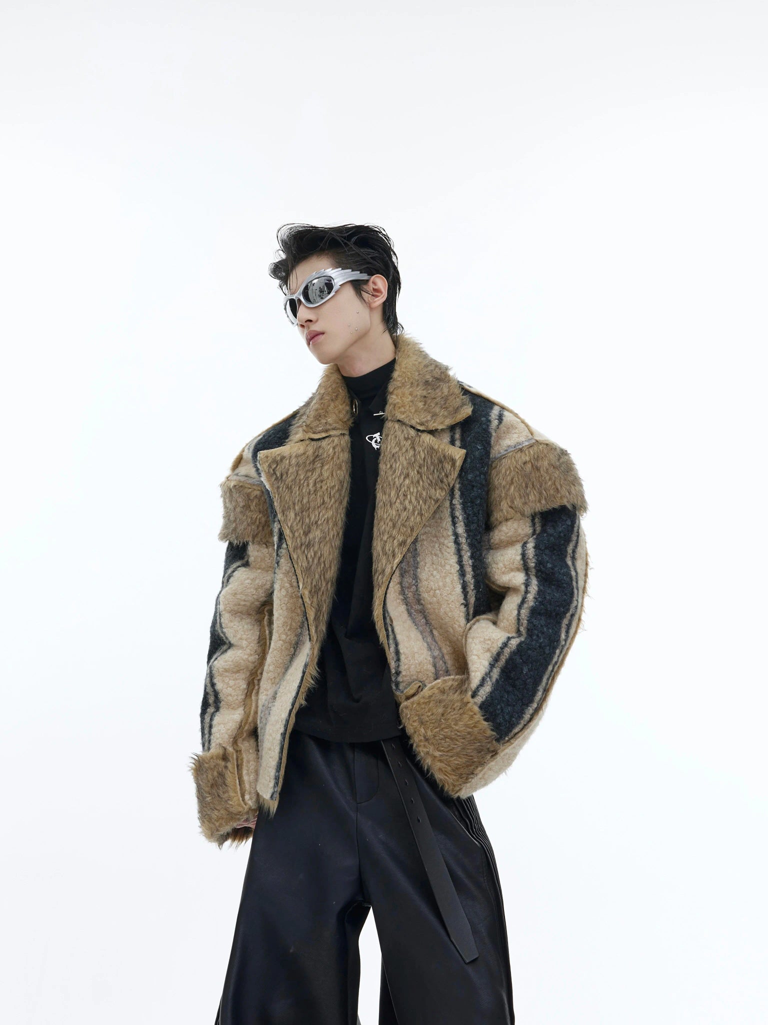 Brown Rabbit-Fur Collar Cropped Jacket - main image 2