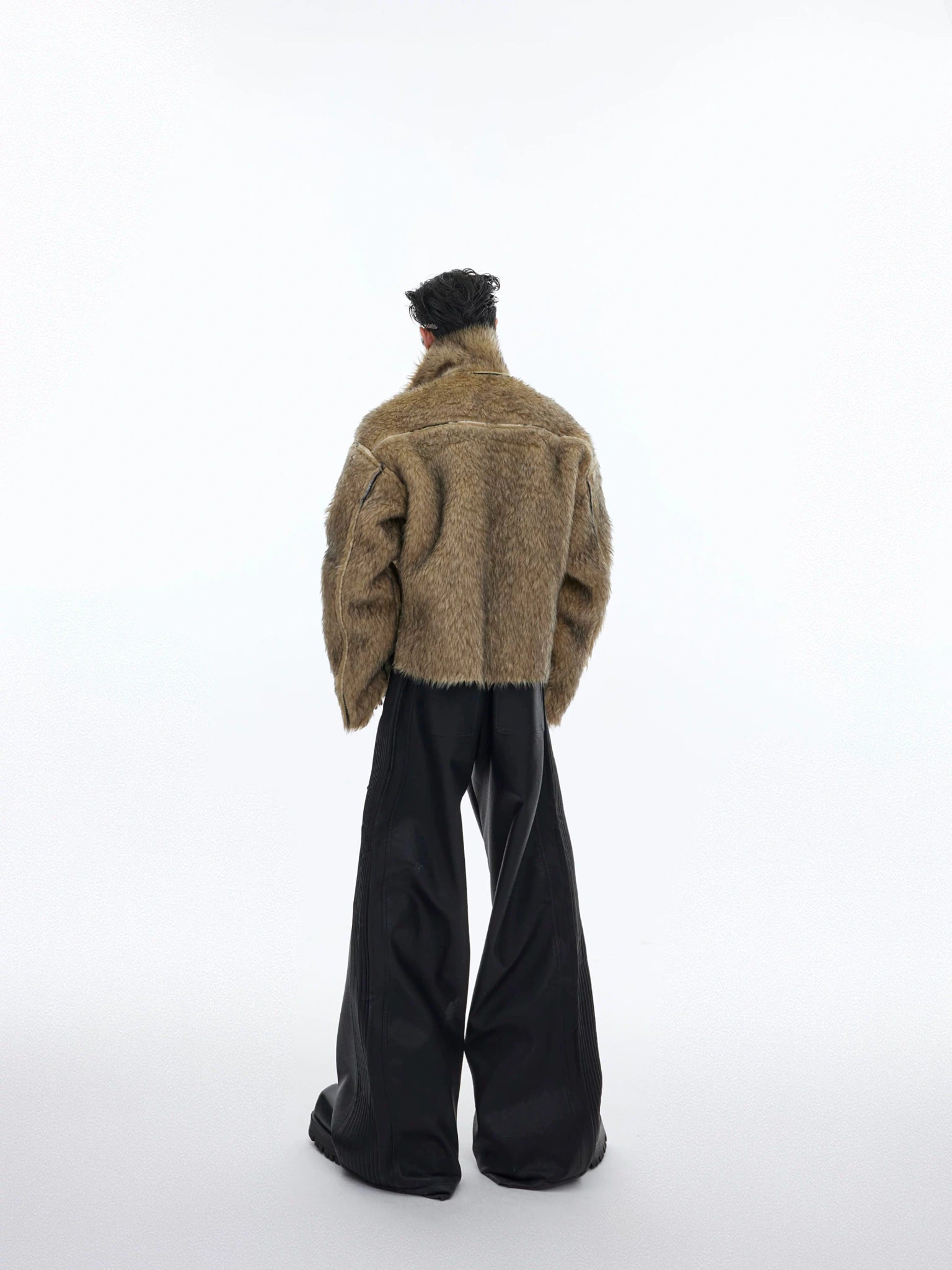 Brown Rabbit-Fur Collar Cropped Jacket - main image 3