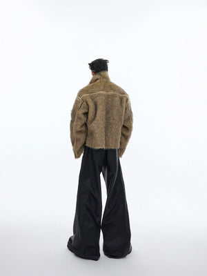 Brown Rabbit-Fur Collar Cropped Jacket - main image 3