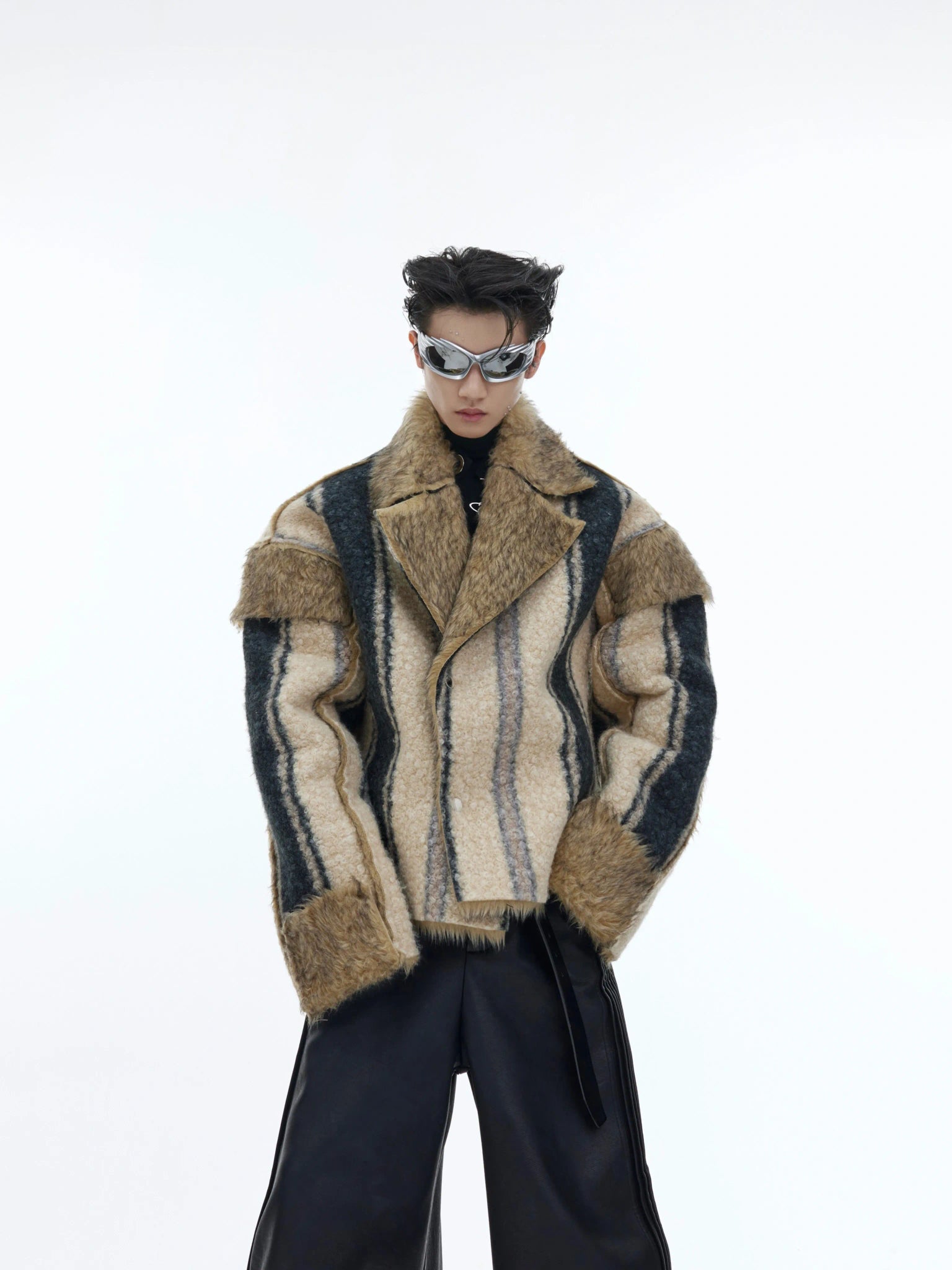 Brown Rabbit-Fur Collar Cropped Jacket - Brown Top