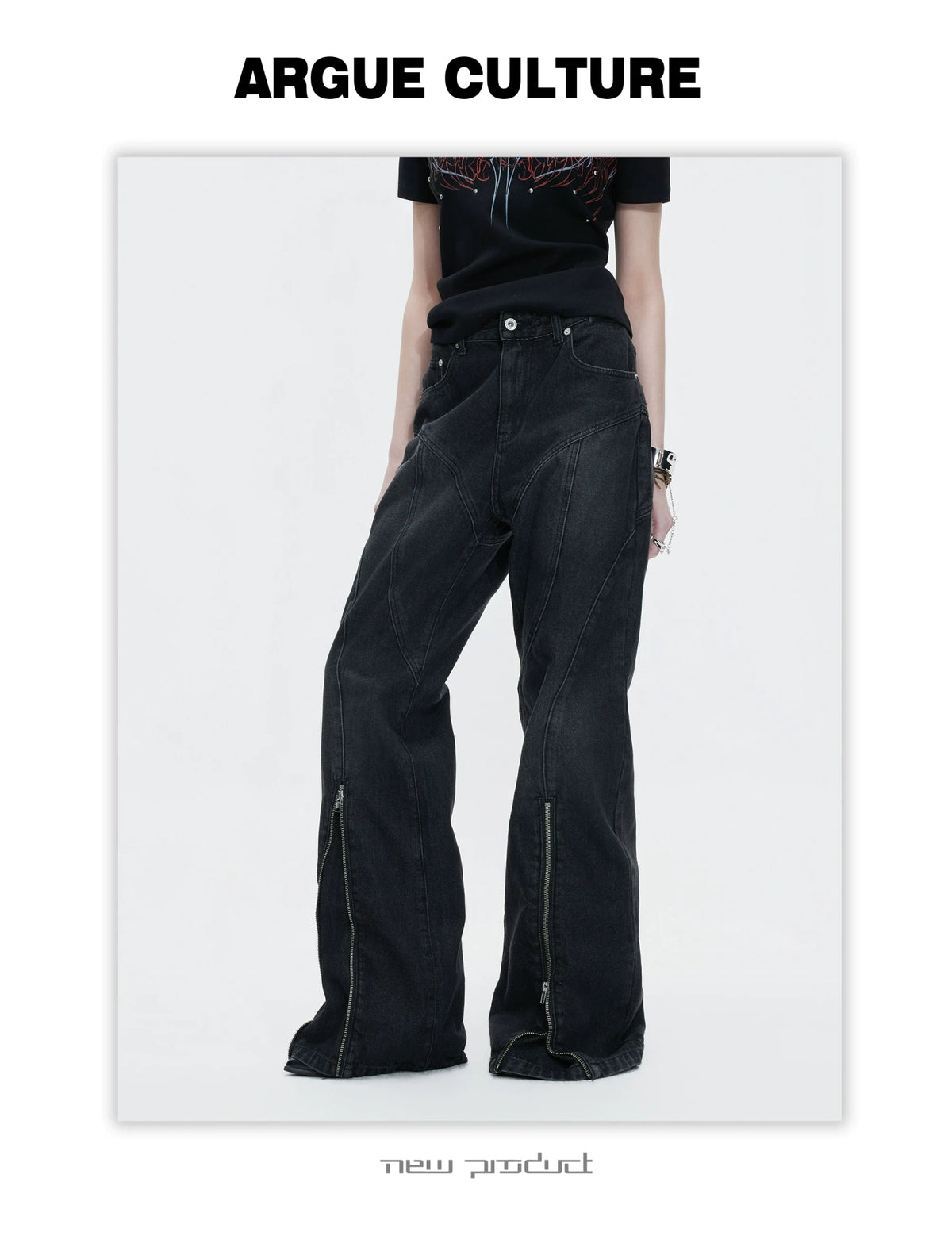 Washed Distressed Flare Jeans with Cuff Zippers - description image 3