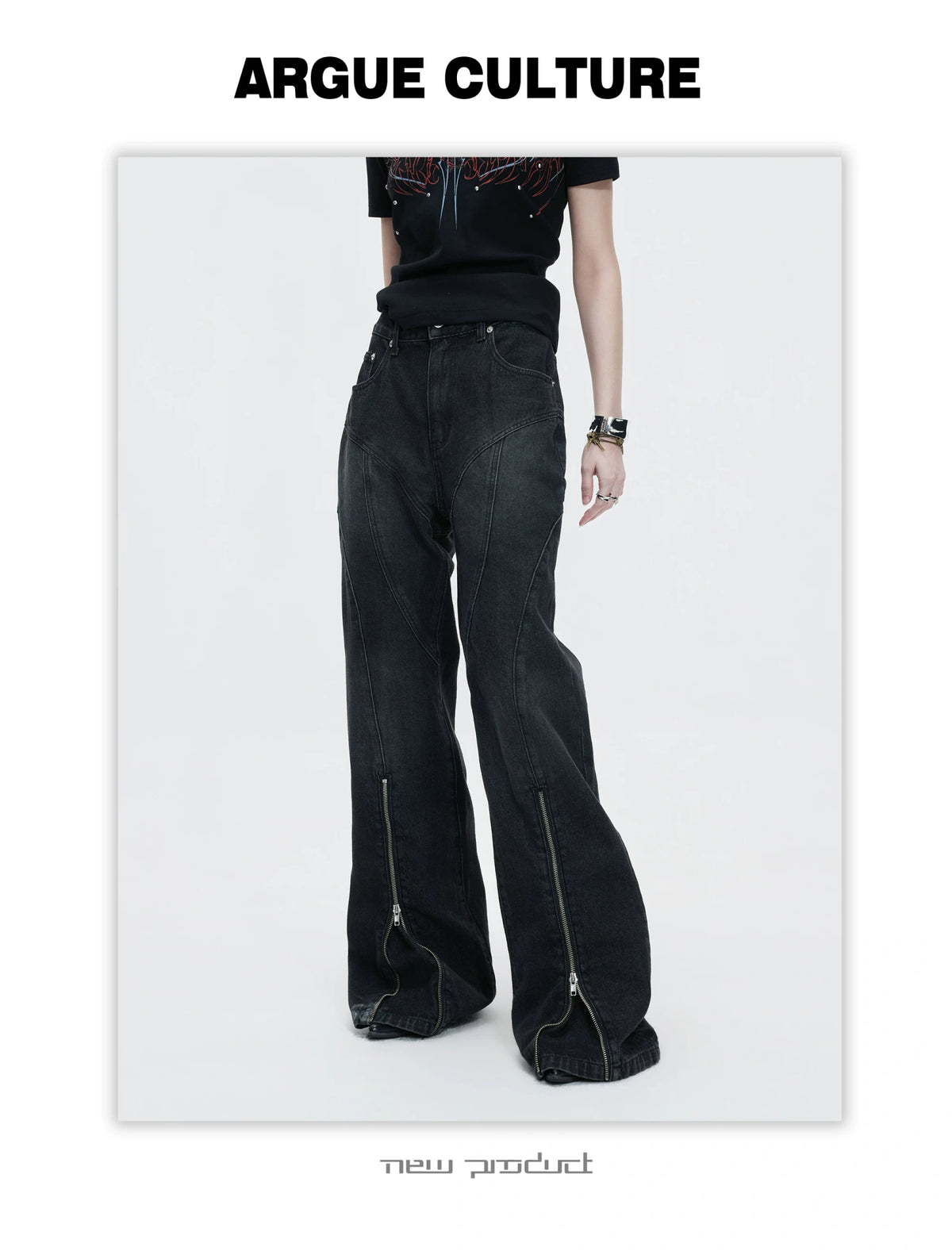 Washed Distressed Flare Jeans with Cuff Zippers - description image 4