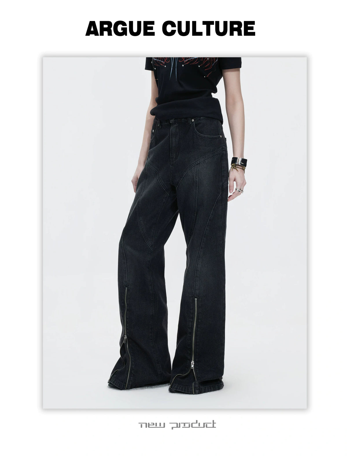 Washed Distressed Flare Jeans with Cuff Zippers - description image 5