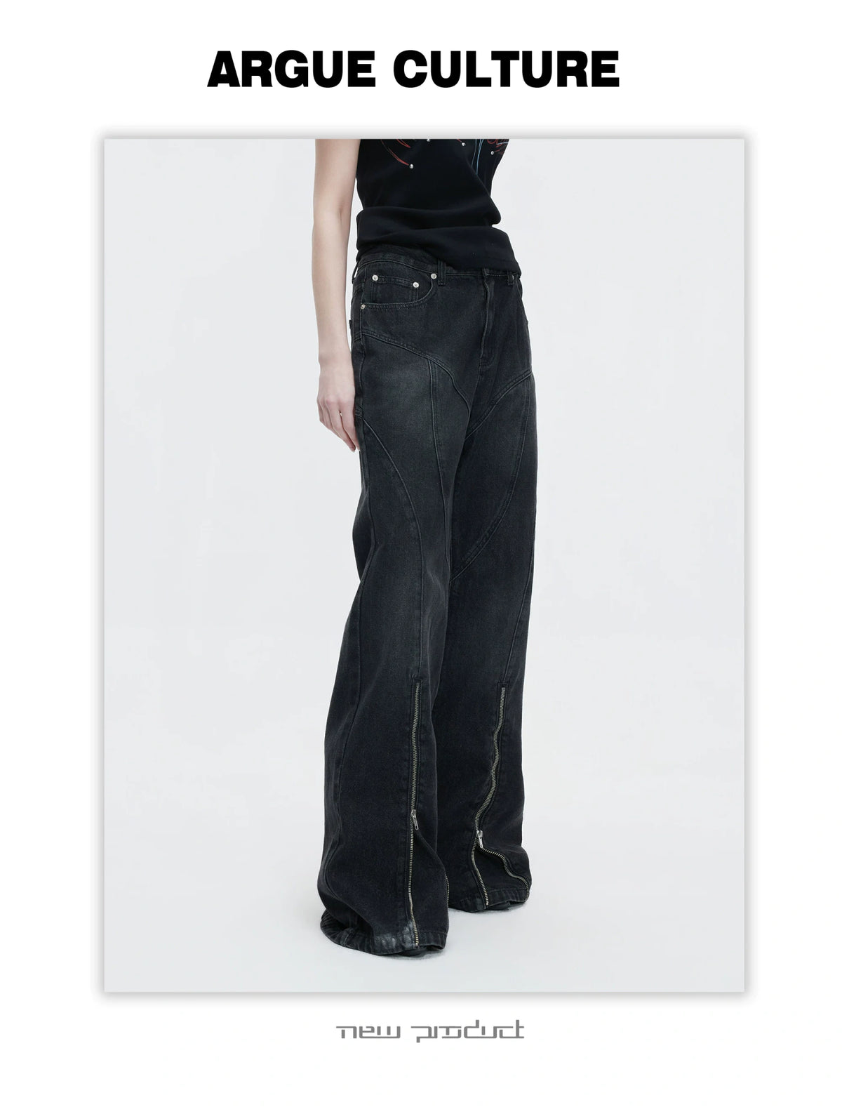 Washed Distressed Flare Jeans with Cuff Zippers - description image 6