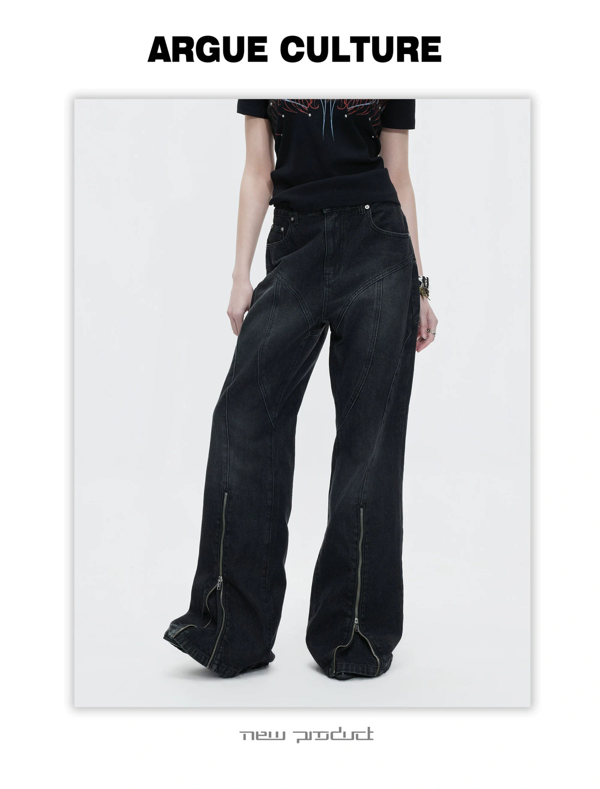 Washed Distressed Flare Jeans with Cuff Zippers - description image 7