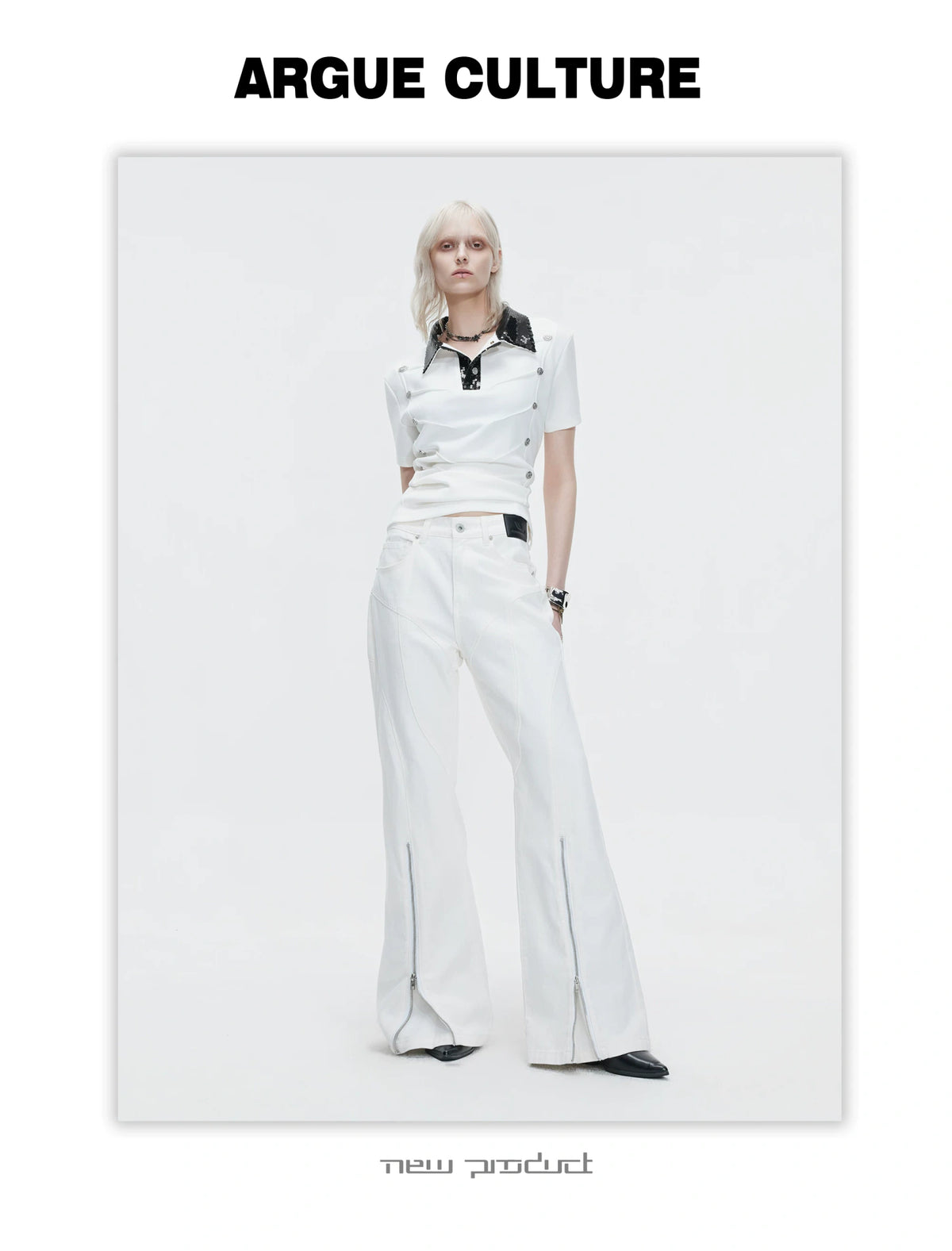 Washed Distressed Flare Jeans with Cuff Zippers - description image 8