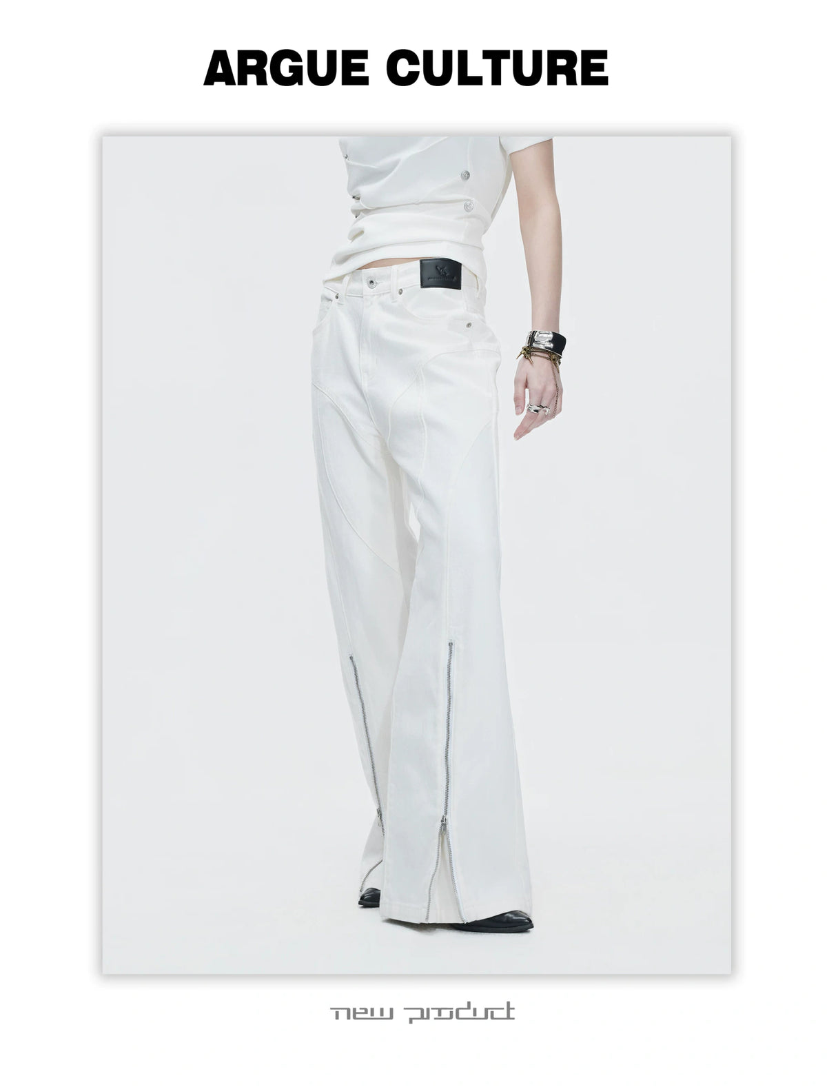 Washed Distressed Flare Jeans with Cuff Zippers - description image 9