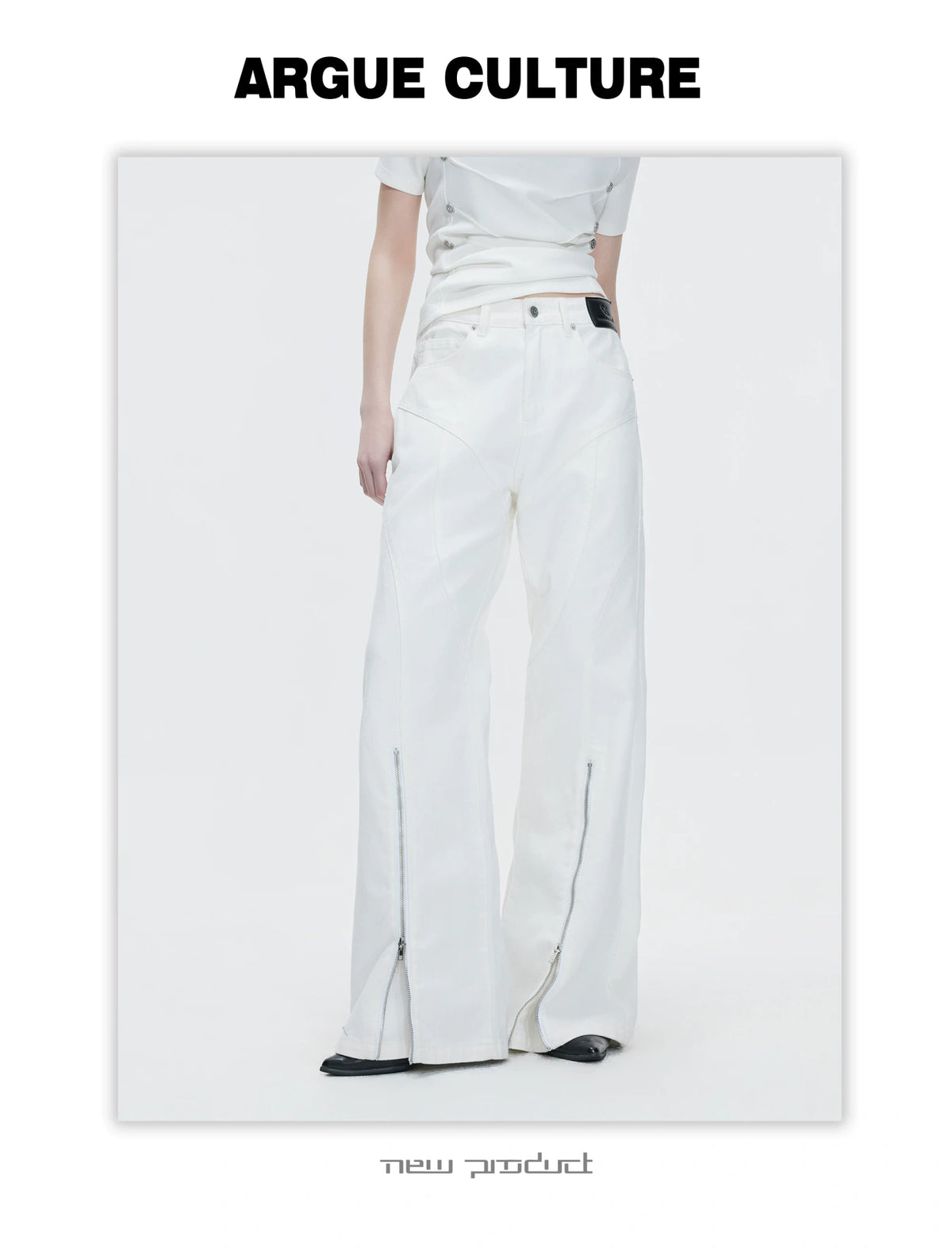 Washed Distressed Flare Jeans with Cuff Zippers - description image 10