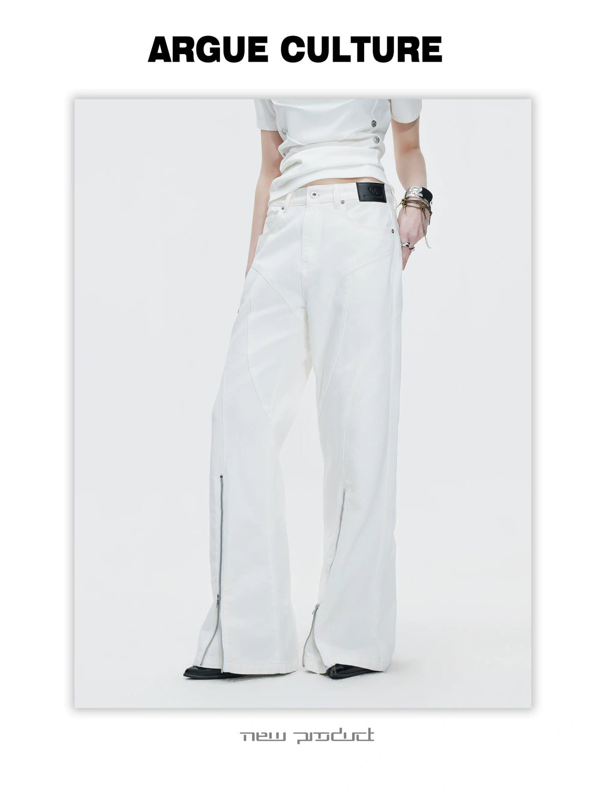 Washed Distressed Flare Jeans with Cuff Zippers - description image 11