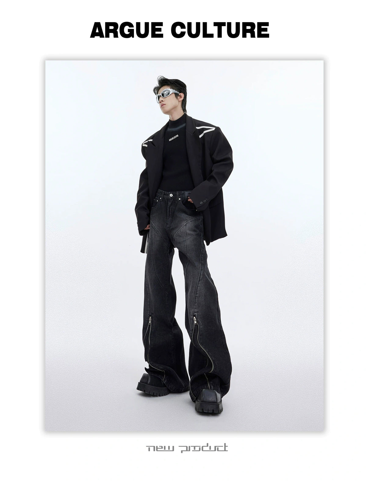Washed Distressed Flare Jeans with Cuff Zippers - description image 14