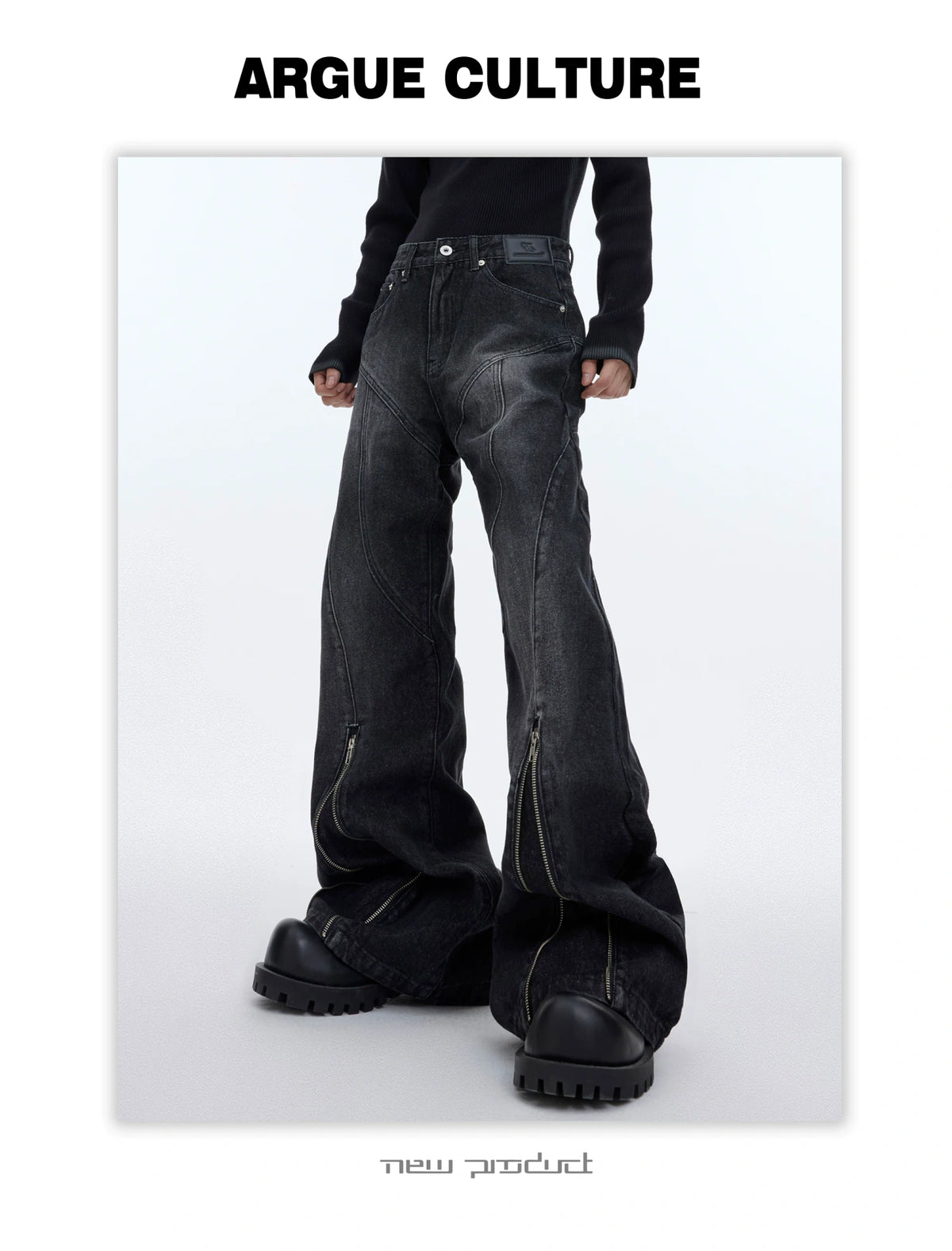 Washed Distressed Flare Jeans with Cuff Zippers - description image 15