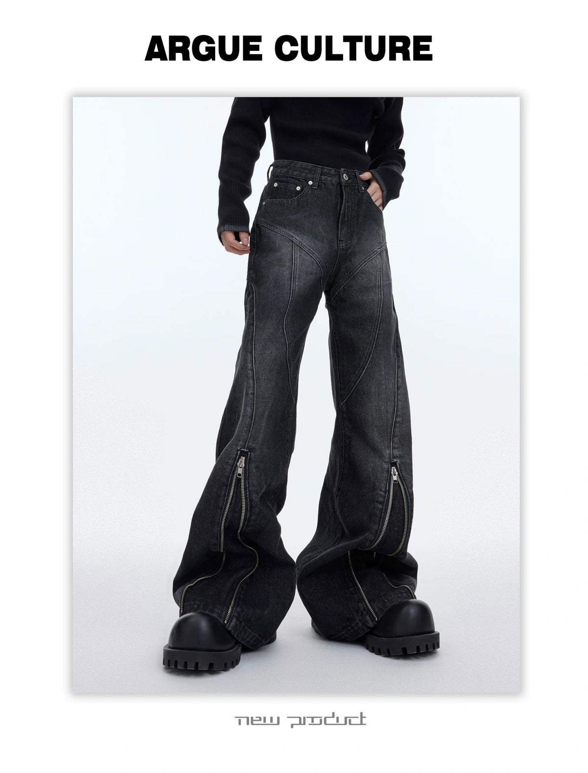 Washed Distressed Flare Jeans with Cuff Zippers - description image 16