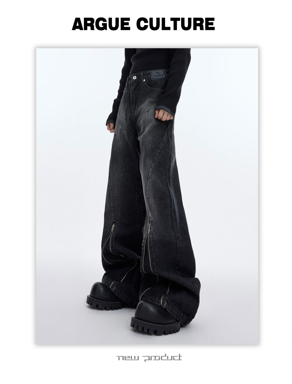 Washed Distressed Flare Jeans with Cuff Zippers - description image 17