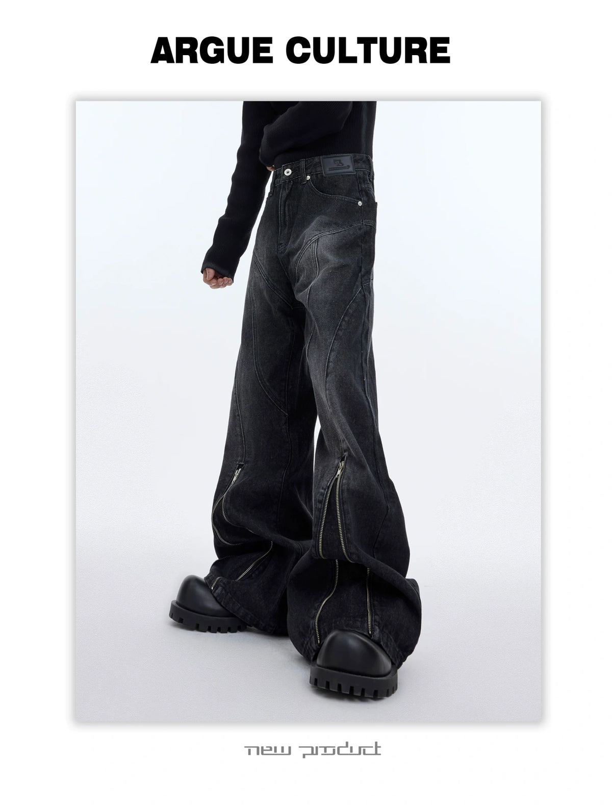 Washed Distressed Flare Jeans with Cuff Zippers - description image 18