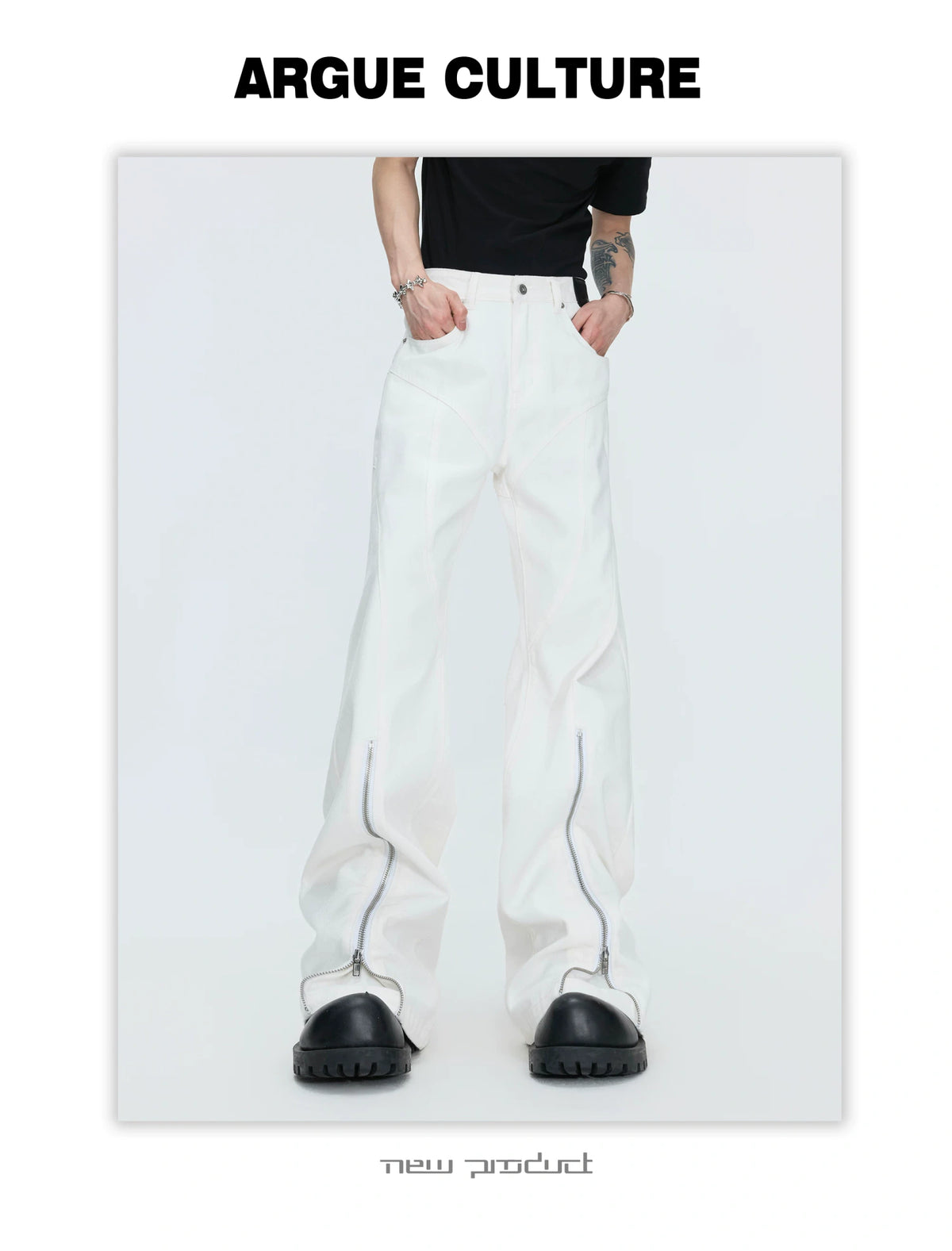 Washed Distressed Flare Jeans with Cuff Zippers - description image 21