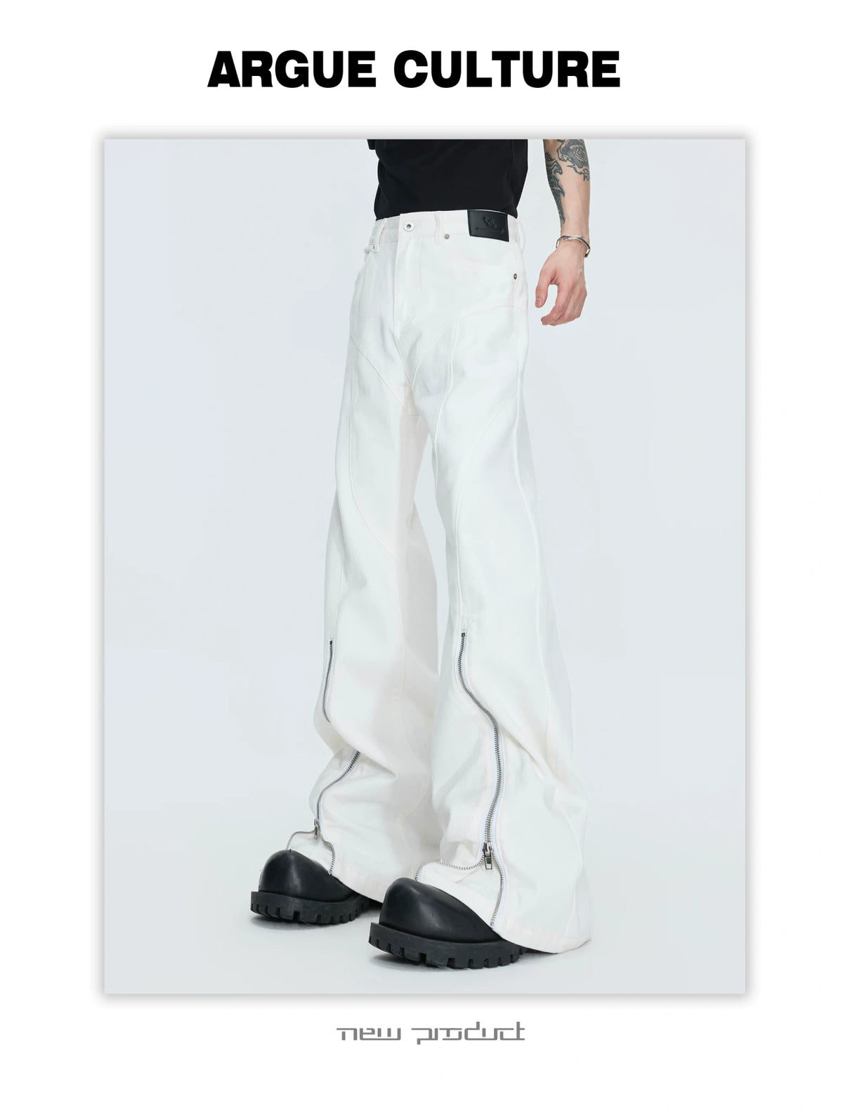 Washed Distressed Flare Jeans with Cuff Zippers - description image 22