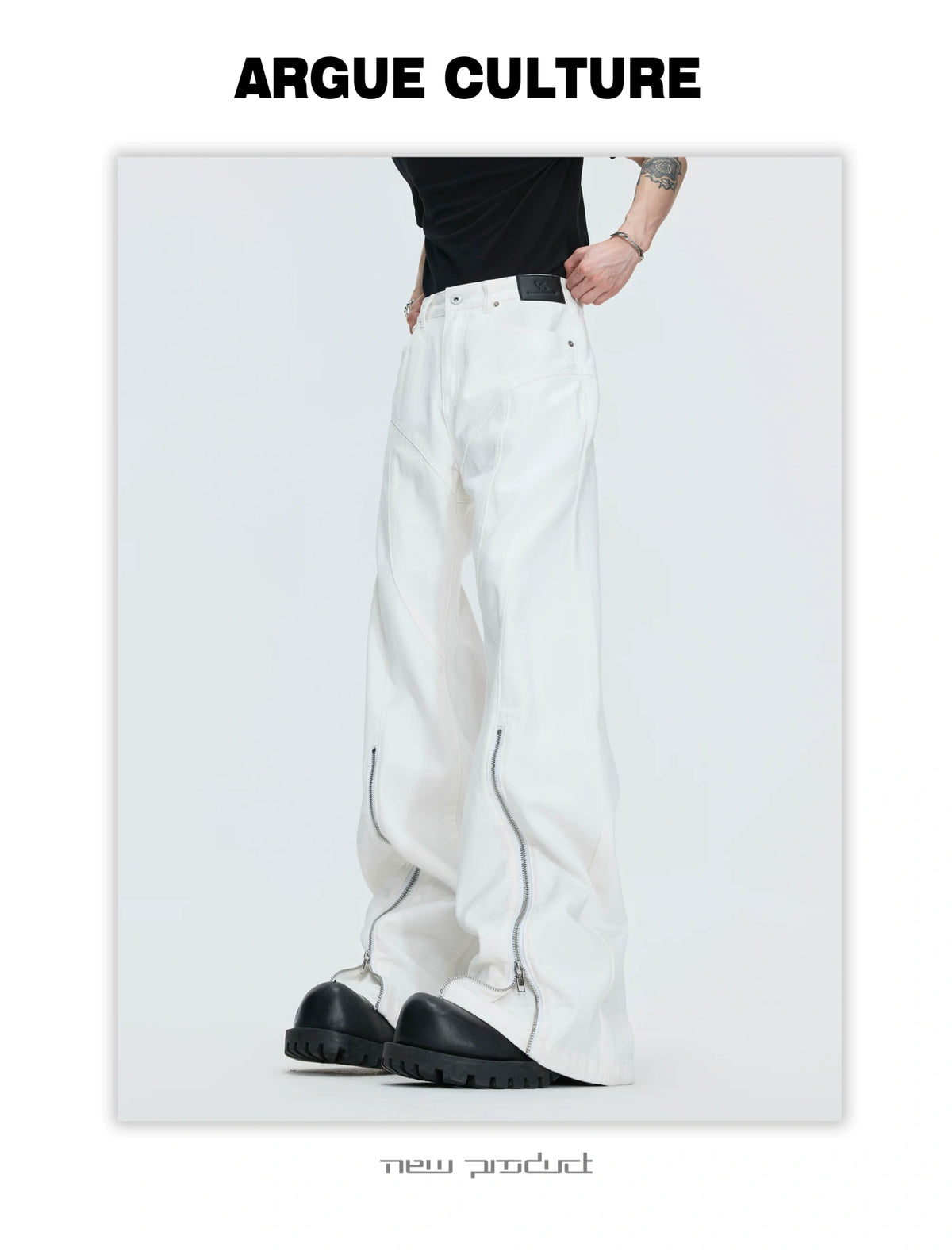 Washed Distressed Flare Jeans with Cuff Zippers - description image 23