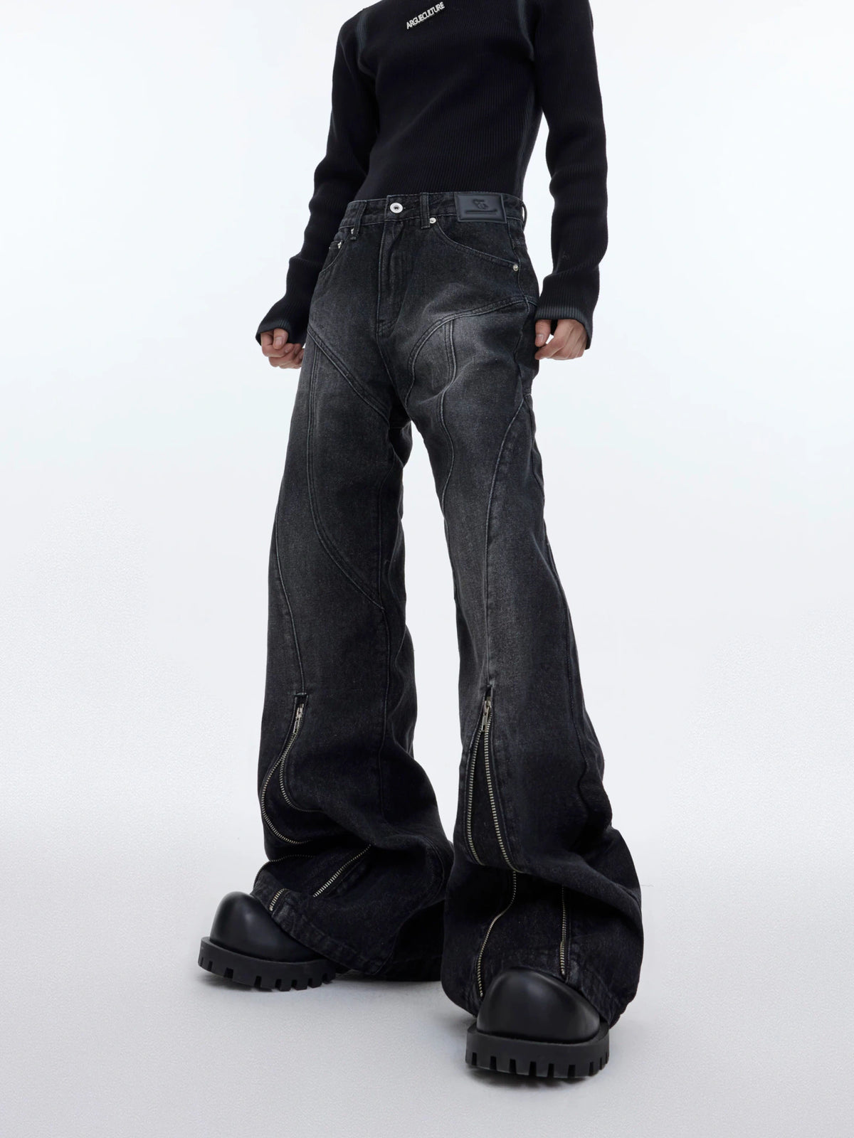 Washed Distressed Flare Jeans with Cuff Zippers - main image 1