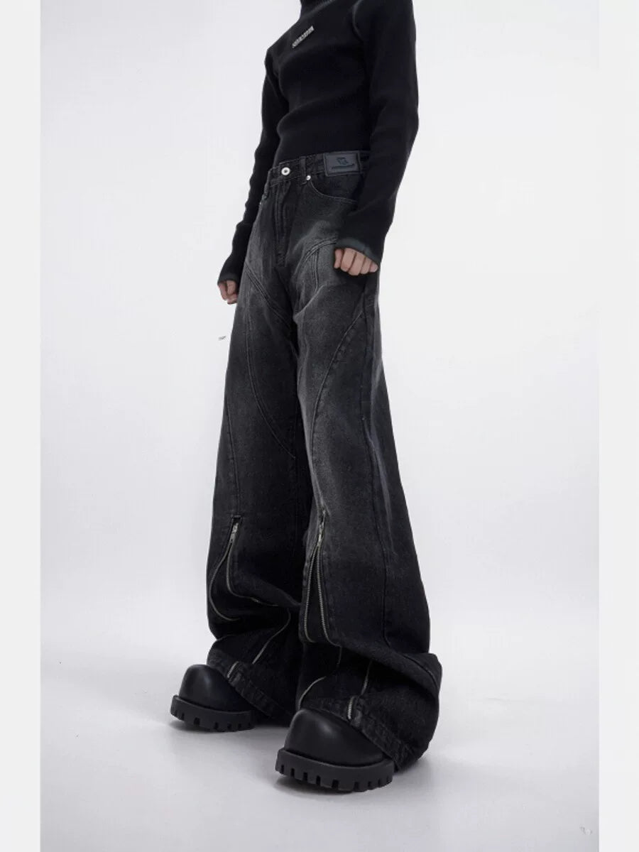 Washed Distressed Flare Jeans with Cuff Zippers - main image 2
