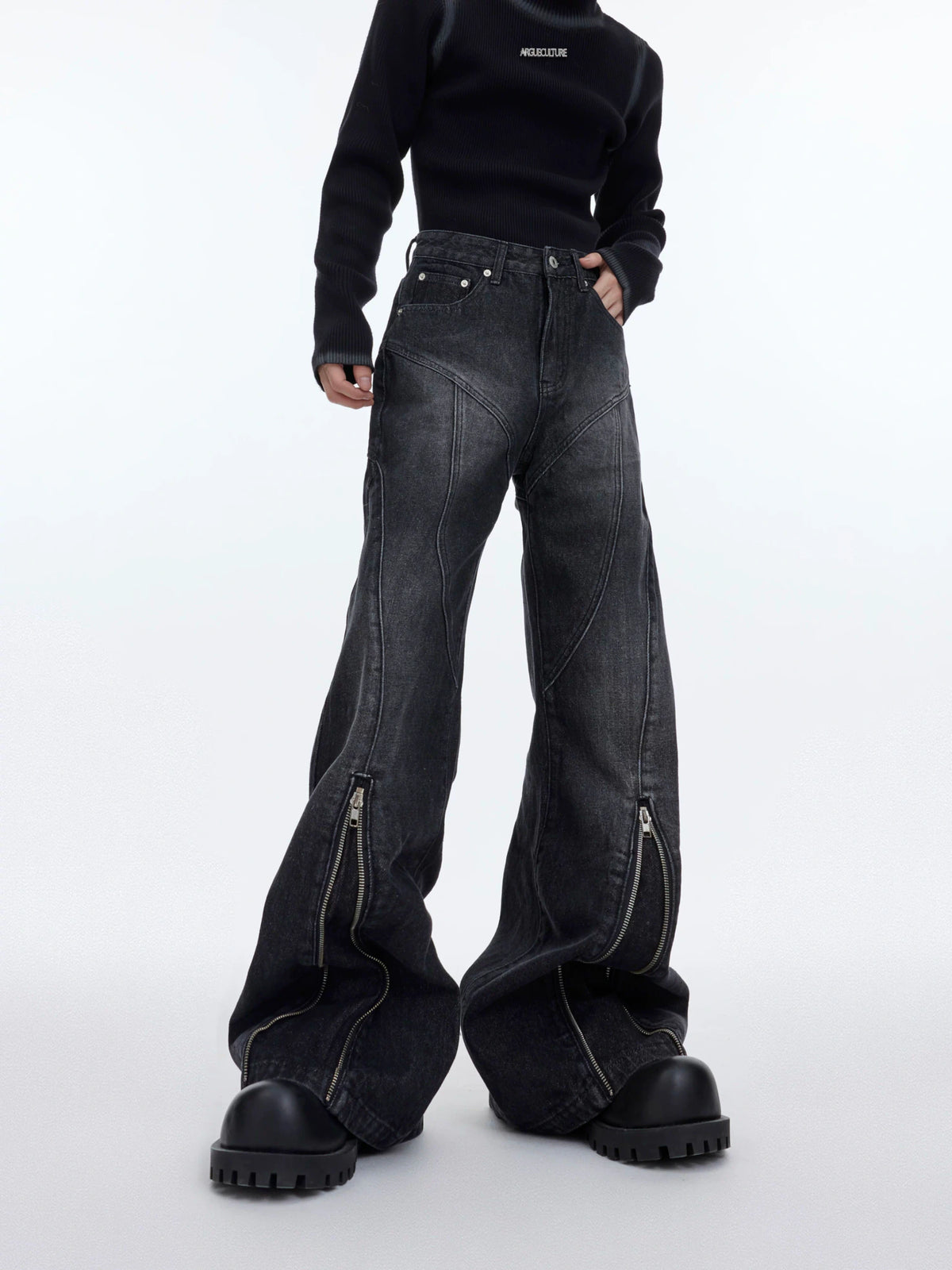 Washed Distressed Flare Jeans with Cuff Zippers - main image 3