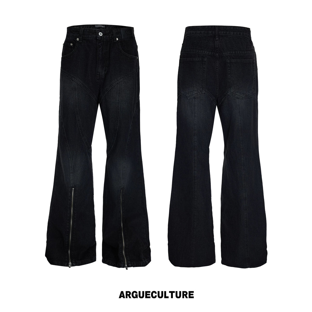 Washed Distressed Flare Jeans with Cuff Zippers - Black Gray Pants