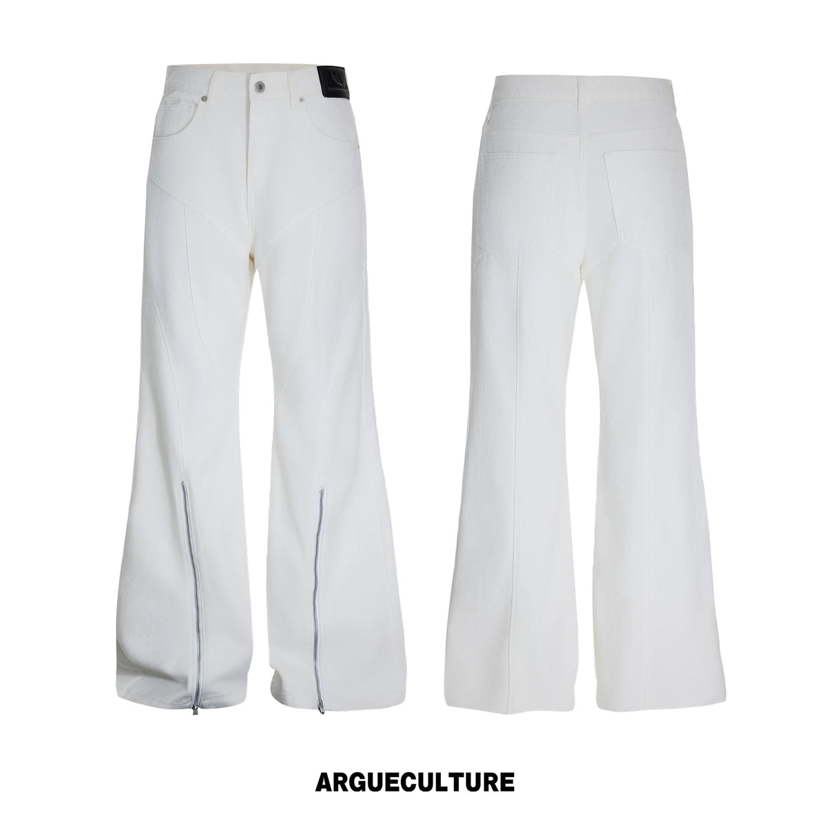 Washed Distressed Flare Jeans with Cuff Zippers - White Pants