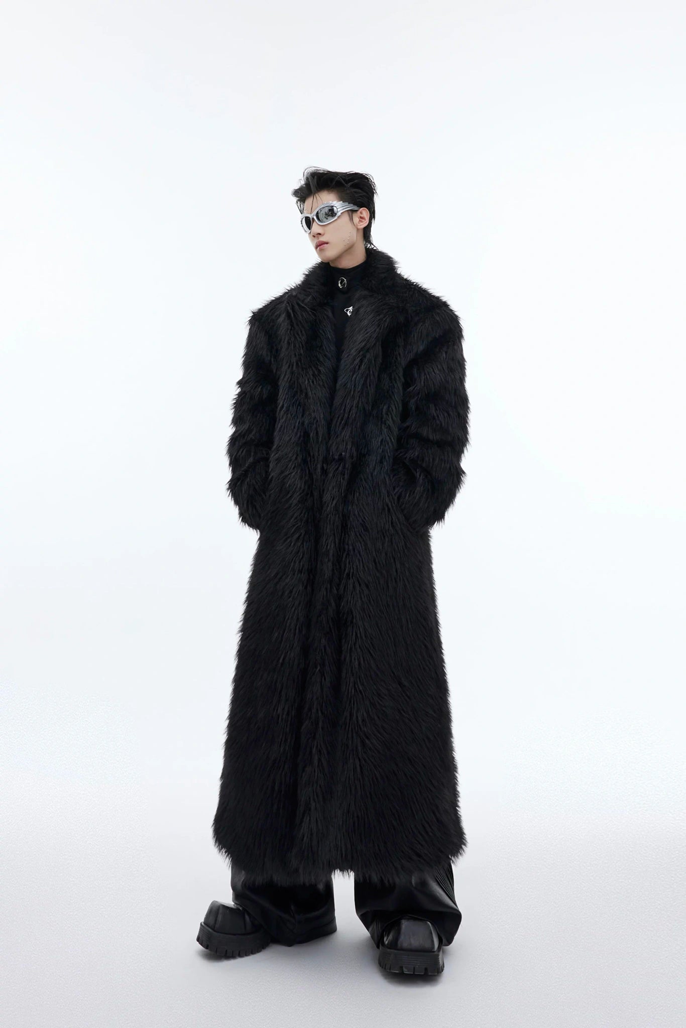 Oversized Faux Mink Fur Long Coat With Raglan Sleeves - Black