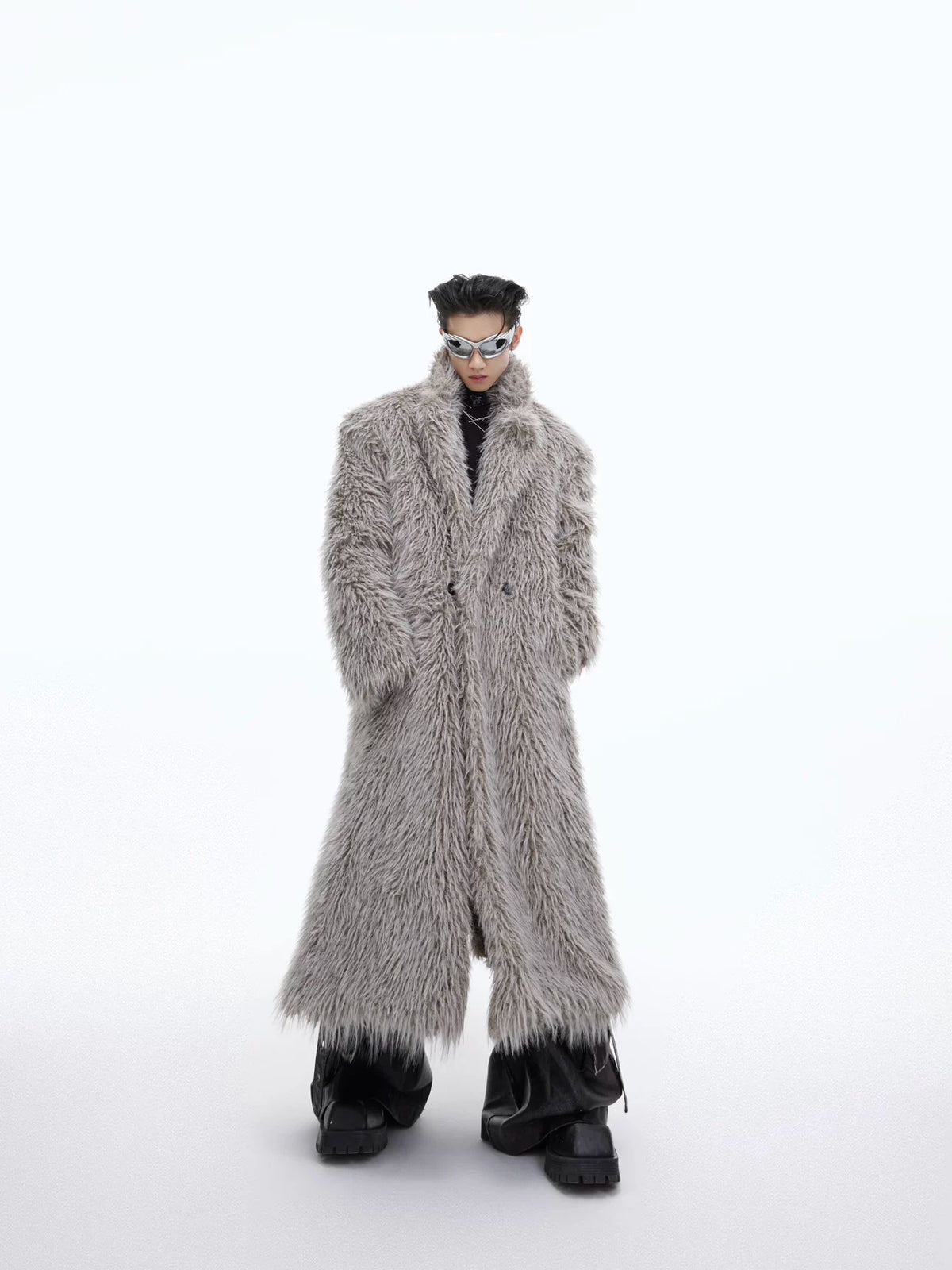Oversized Faux Mink Fur Long Coat With Raglan Sleeves - Gray
