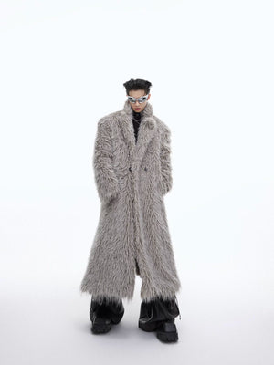 Oversized Faux Mink Fur Long Coat With Raglan Sleeves - Gray