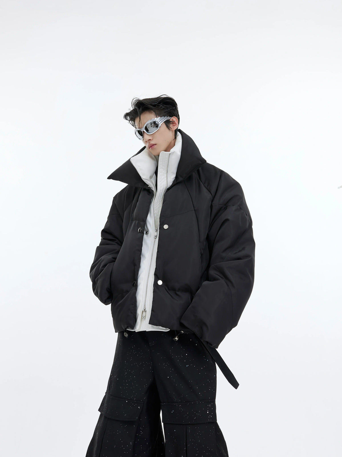 Liquid Sheen Layered Padded Jacket | Relaxed Fit - Black