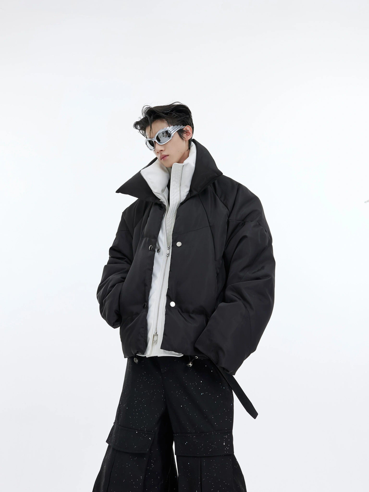 Liquid Sheen Layered Padded Jacket | Relaxed Fit - Black