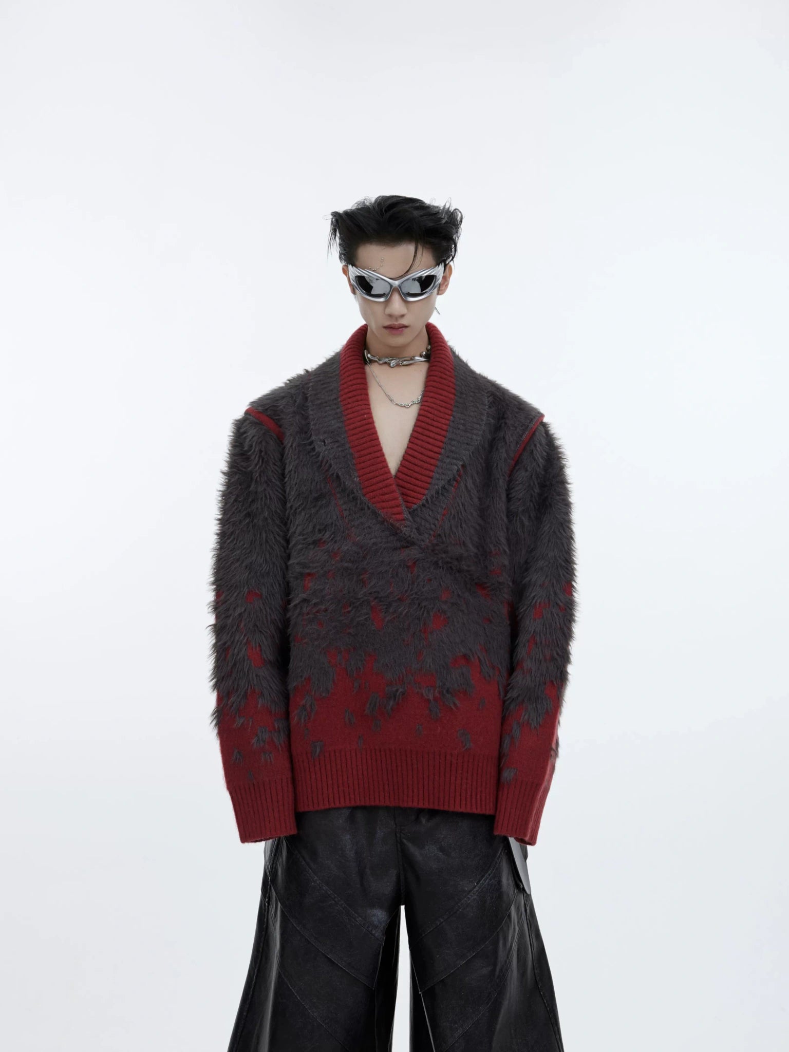 Gradient V-Neck Knit Sweater in Cotton-Wool Blend - Red Top