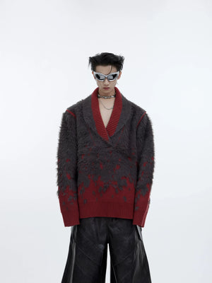 Gradient V-Neck Knit Sweater in Cotton-Wool Blend - Red Top