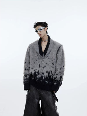 Gradient V-Neck Knit Sweater in Cotton-Wool Blend - Gray Top