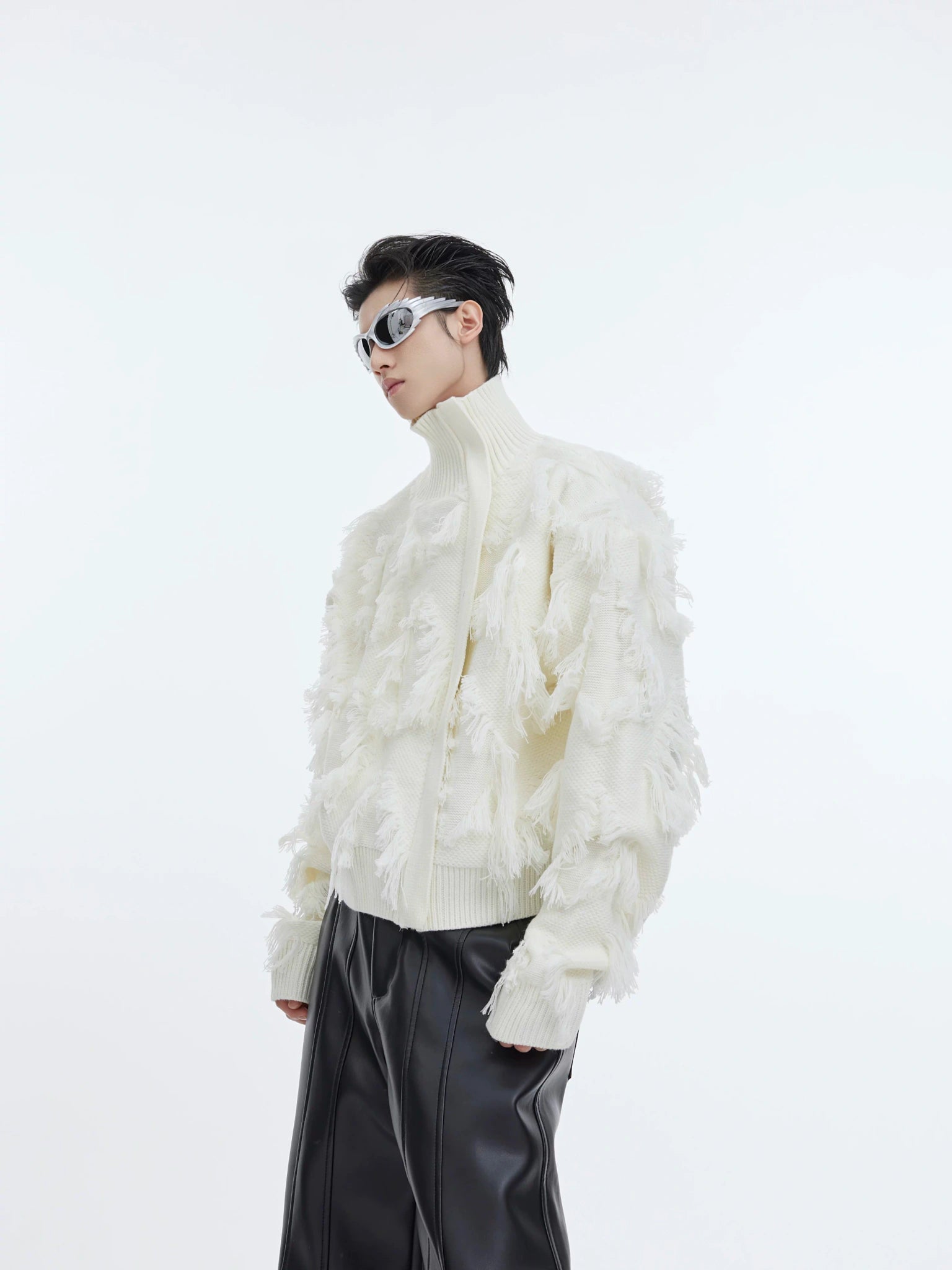 Fringe Jacquard Zip Sweater with Stand Collar - main image 1