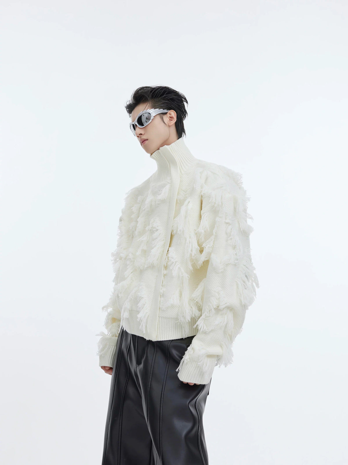 Fringe Jacquard Zip Sweater with Stand Collar - main image 1