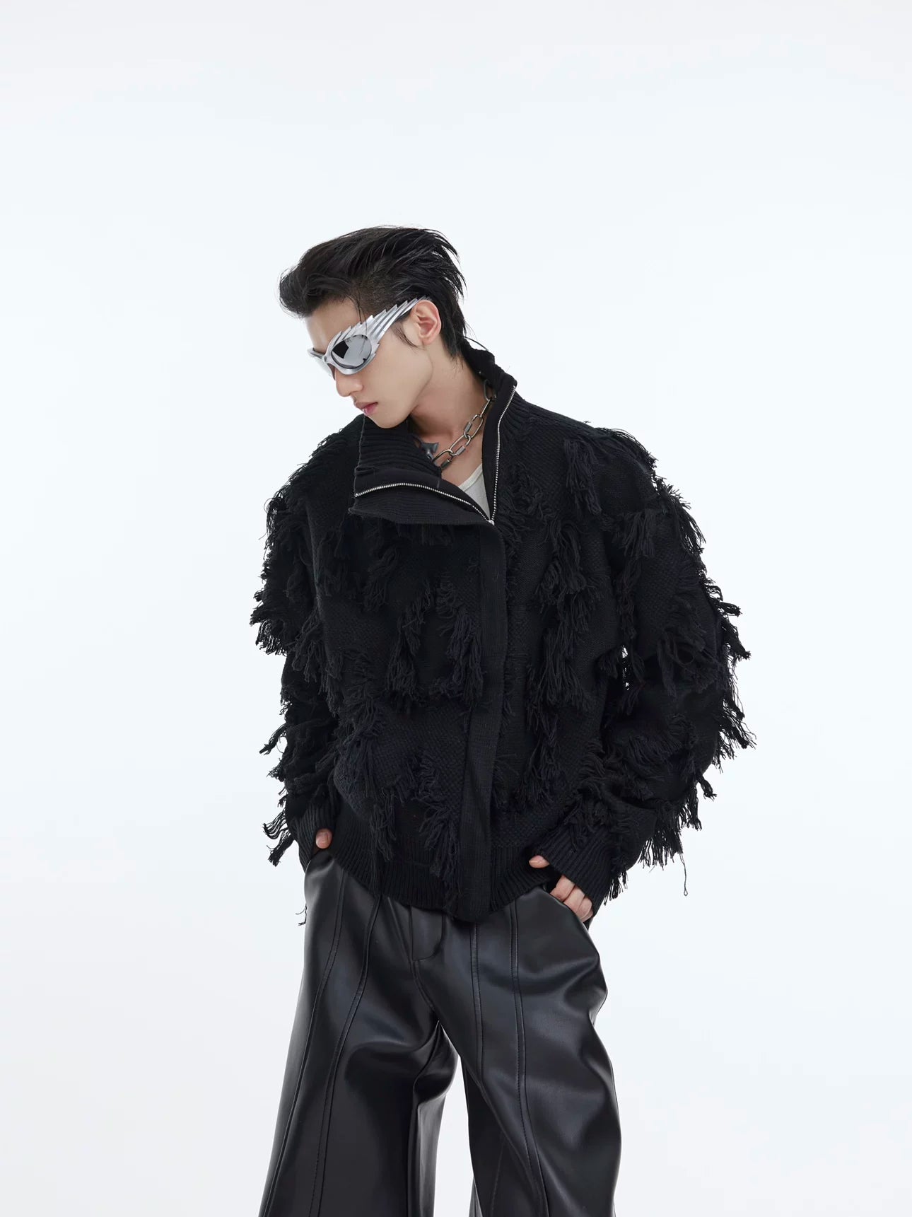 Fringe Jacquard Zip Sweater with Stand Collar - main image 2
