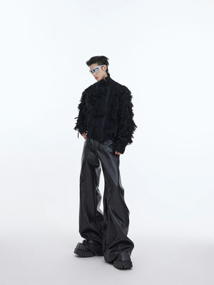 Fringe Jacquard Zip Sweater with Stand Collar - main image 5