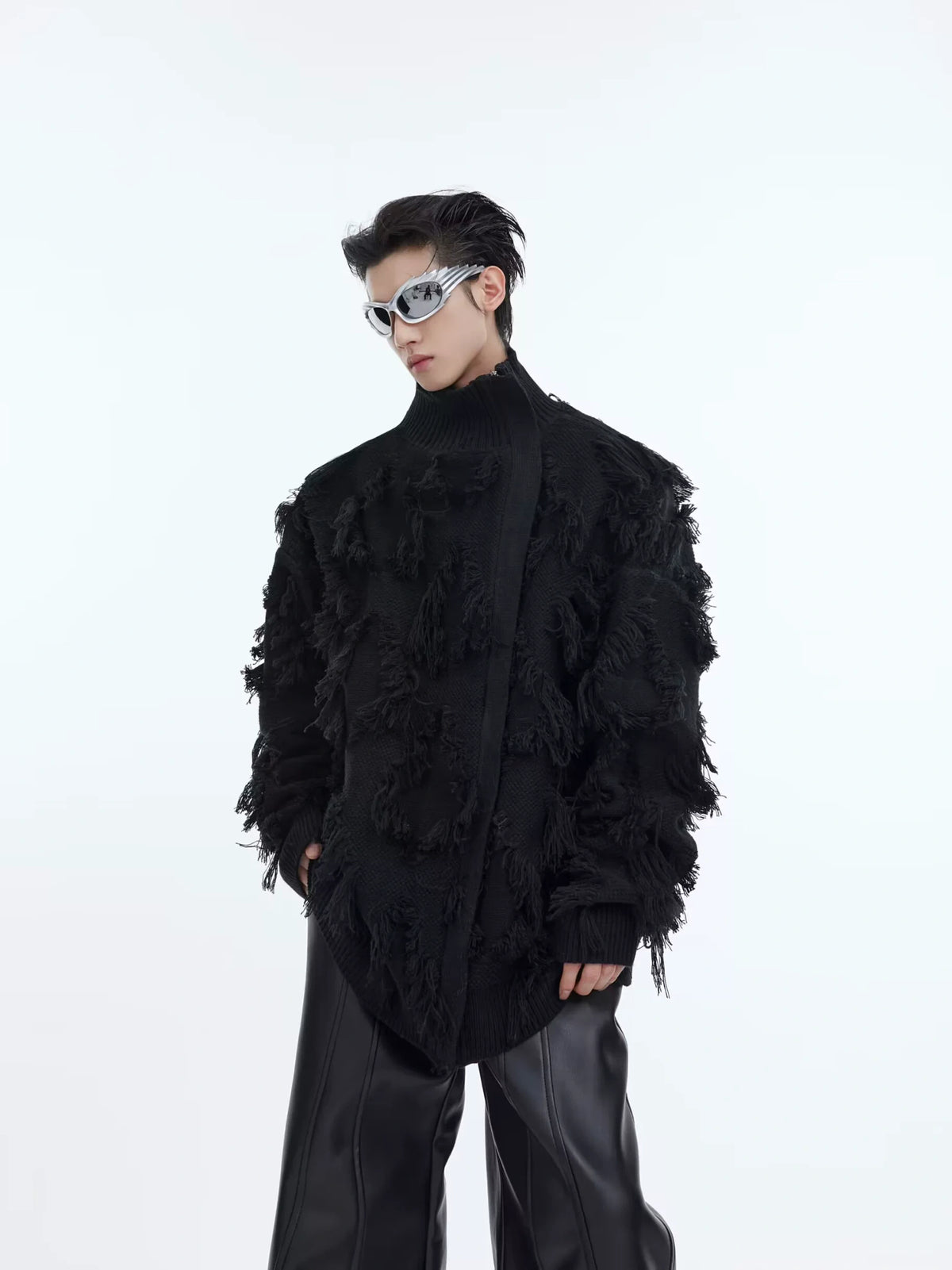 Fringe Jacquard Zip Sweater with Stand Collar - Black Long
