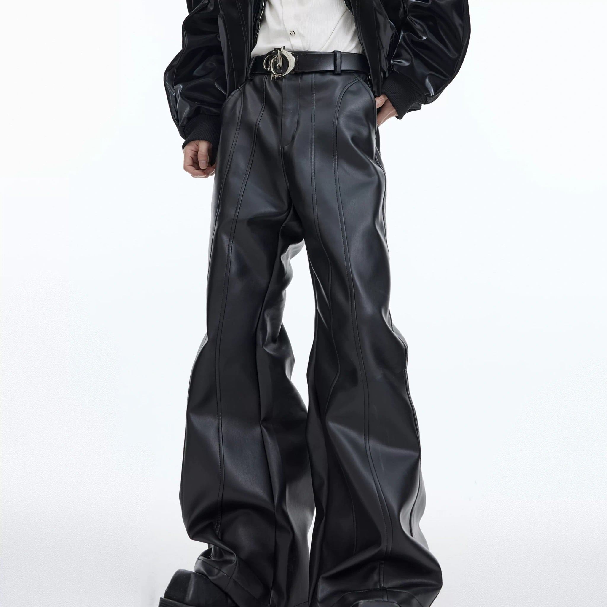 PU High-Waisted Deconstructed Slight-Flare Pants - main image 1
